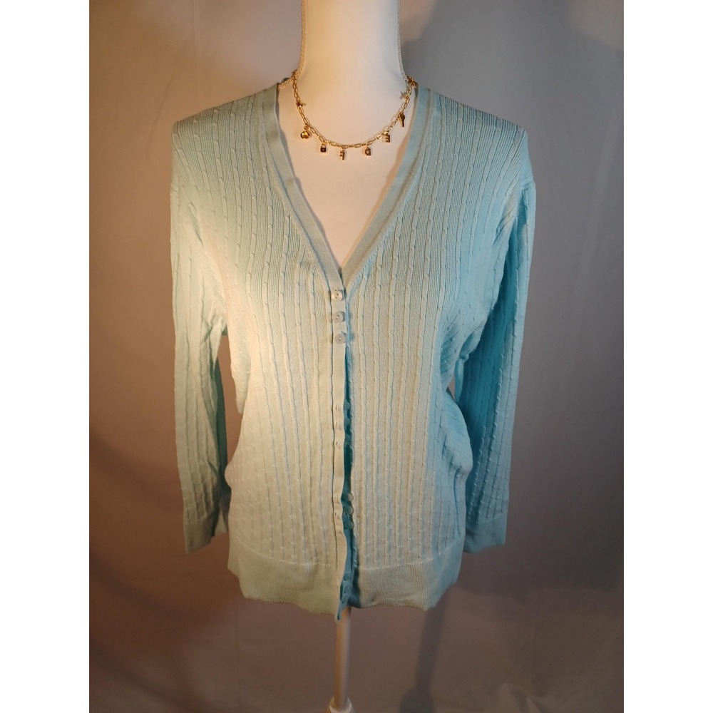Talbots Cardigan Sweater Womens Petite 2X Blue Button‎ Front V Neck Cable Knit